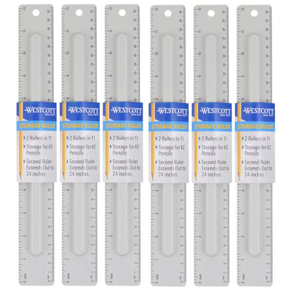 2-Piece 12" Ruler with Pencil Storage, Pack of 6