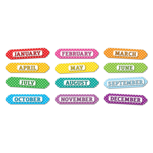 Magnetic Die-Cut Timesavers & Labels, Months of the Year, White Polka Dots On Assorted Colors, 12 Per Pack, 6 Packs