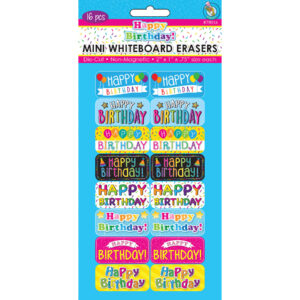 Non-Magnetic Mini Whiteboard Erasers, Happy Birthday, Pack of 16