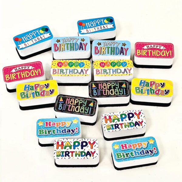 Non-Magnetic Mini Whiteboard Erasers, Happy Birthday, Pack of 16