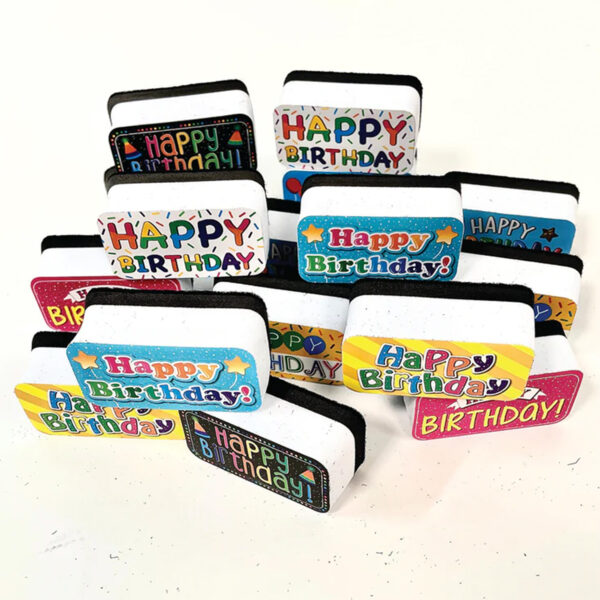 Non-Magnetic Mini Whiteboard Erasers, Happy Birthday, Pack of 16