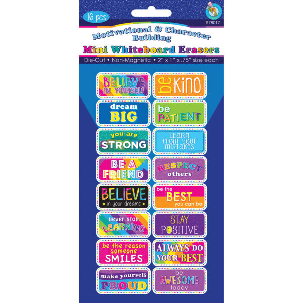 Non-Magnetic Mini Whiteboard Erasers, Motivational-Character Building, Pack of 16