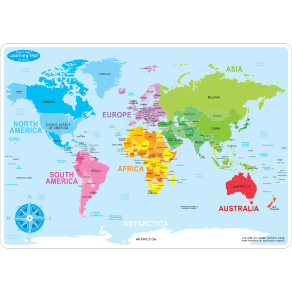 Smart Poly Learning Mats, 12" x 17", Double-Sided, World Basic Map, Pack of 10