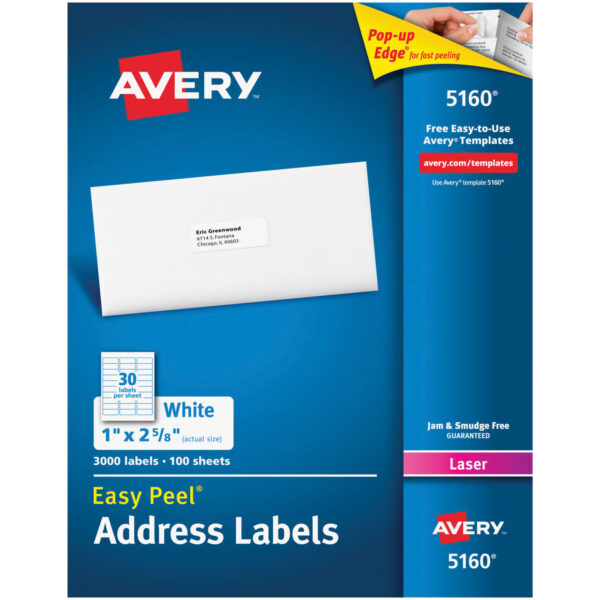 Easy Peel Address Labels, Permanent Adhesive, 1" x 2-5-8", 3000 Labels