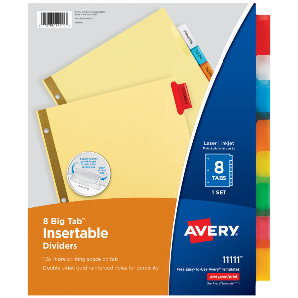 Big Tab Insertable Dividers, Buff Paper, 8-Tab Set, Multicolor, 12 Sets