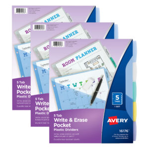 Write & Erase Durable Plastic Dividers with Pockets, 5-Tab Set, Multicolor, 3 Sets