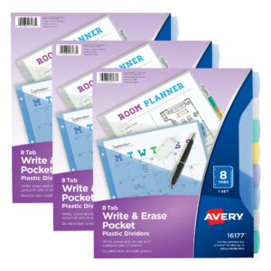 Write & Erase Pocket Plastic Dividers, 8-Tab Set, Multicolor, 3 Sets