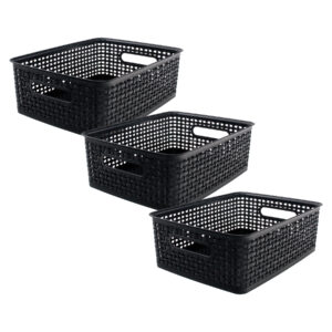 Plastic Weave Bin, Medium, Black, Pack of 3