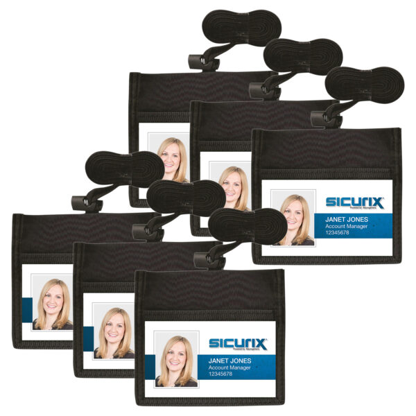 ID Neck Pouch Badge Holder, Horizontal, Adjustable Cord, 4" x 2-1-4" Insert, Black, Pack of 6