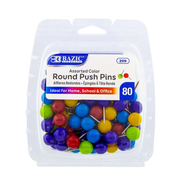 Round Push Pins, Assorted Color, 80 Per Pack, 12 Packs