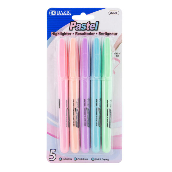 Pen Style Highlighter with Pocket Clip, Pastel, 5 Per Pack, 12 Packs