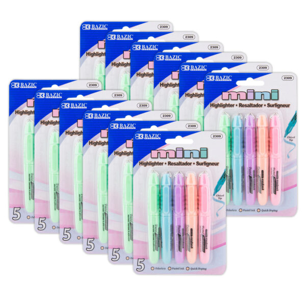 Mini Highlighter with Cap Clip, Pastel, 5 Per Pack, 12 Packs