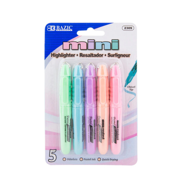 Mini Highlighter with Cap Clip, Pastel, 5 Per Pack, 12 Packs