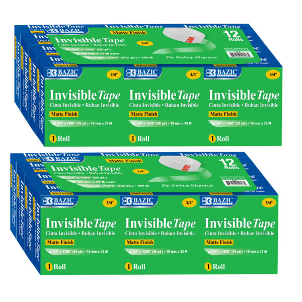 Tape Refill, Invisible Tape, 3-4" x 1000", 12 Rolls Per Pack, 2 Packs