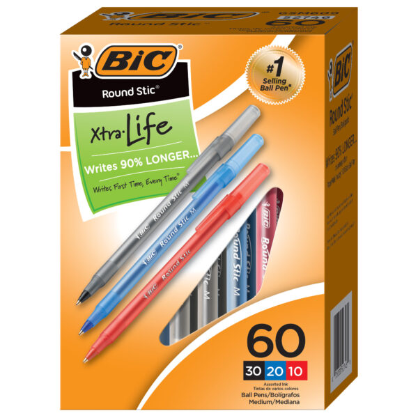 Round Stic Xtra Life Ballpoint Pen, Medium Point (1.0mm), Assorted, 60 Per Box, 2 Boxes