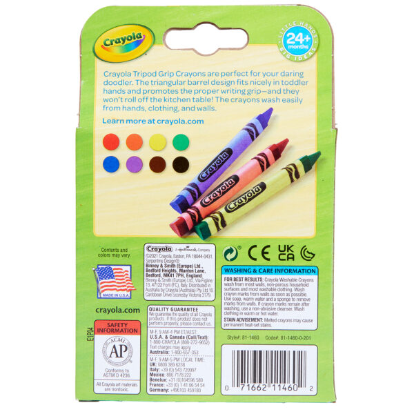 Washable Tripod Grip Crayons, 8 Per Pack, 8 Packs