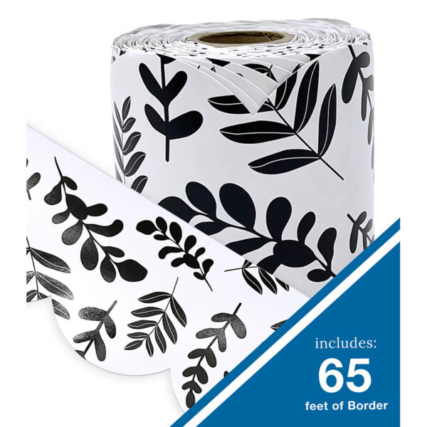 White with Black Leaves Rolled Scalloped Borders, 65 Feet Per Roll, Pack of 3