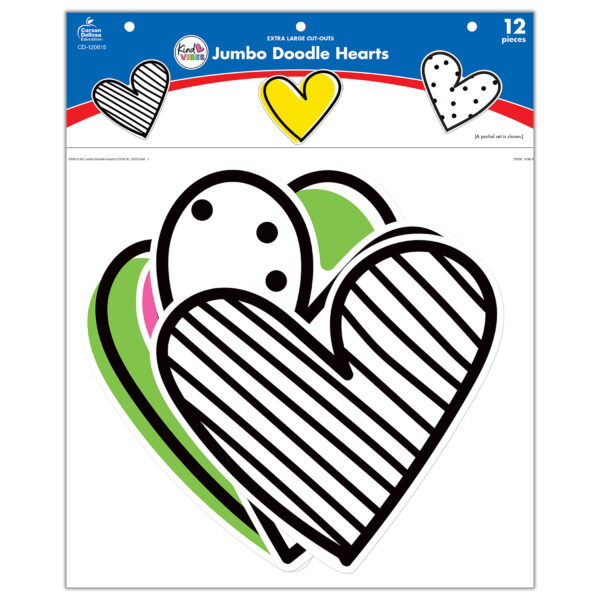 Kind Vibes Jumbo Doodle Hearts Cut-Outs, 12 Per Pack, 3 Packs