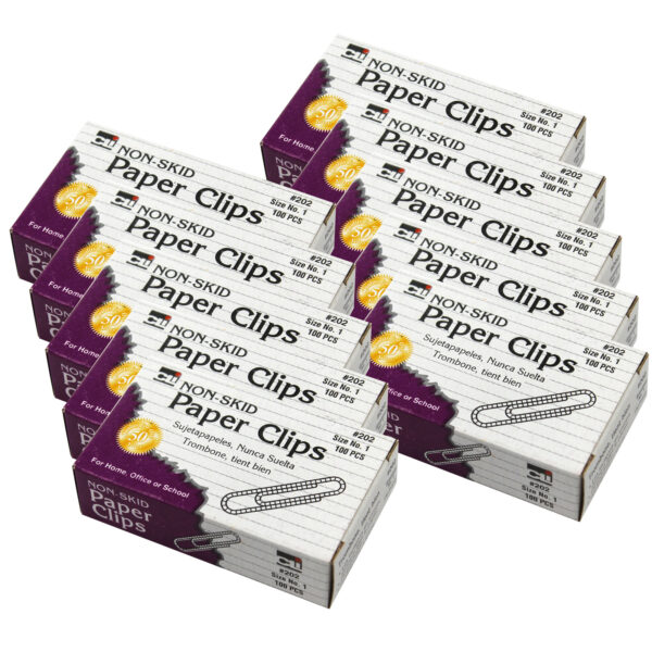 Paper Clips, Non-Skid, Size #1, Silver, 100 Per Box, 100 Boxes