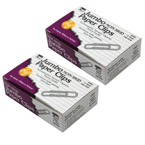 Paper Clips, Non-Skid, Jumbo, Silver, 100 Per Box, 20 Boxes