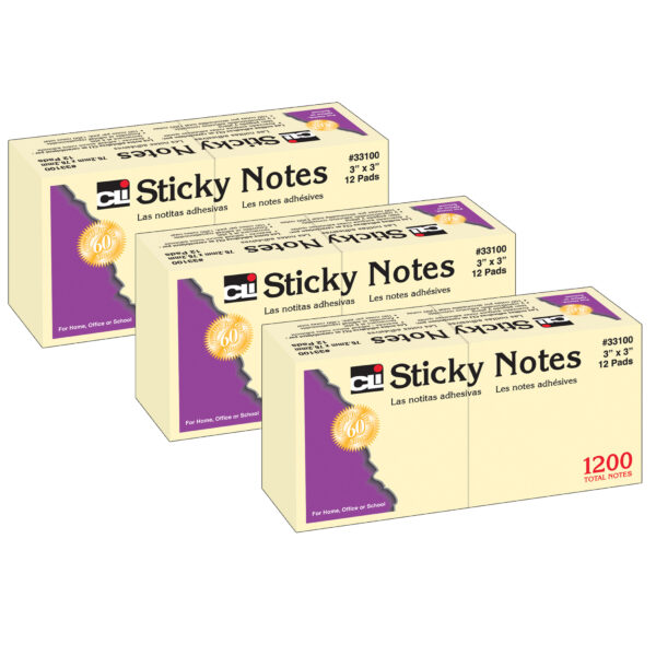 Sticky Notes, 3 x 3 Inch, 100 Sheets-Pad, Yellow, 12 Pads Per Pack, 3 Packs