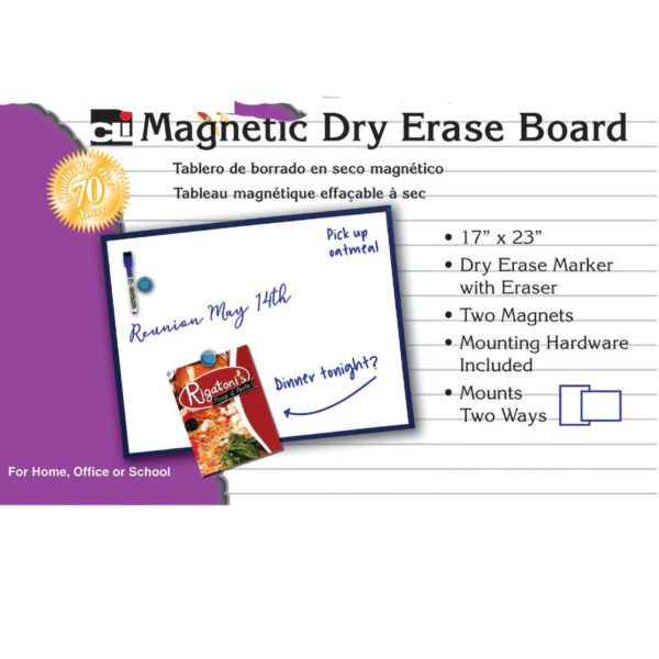 Magnetic Dry Erase Board, 17" x 23", w-Eraser-Marker and 2 Magnets, Gray Frame, 1 Each