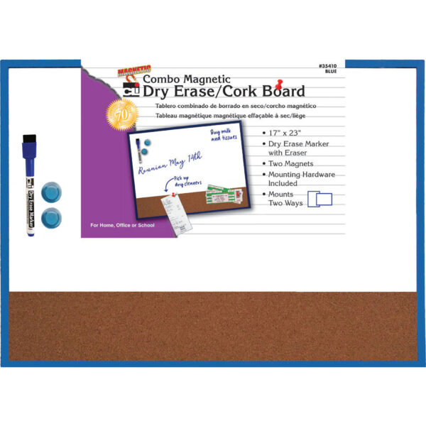 Magnetic Dry Erase Board with Cork Board, 17" x 23", w-Eraser-Marker and 2 Magnets, Blue Frame, 1 Each