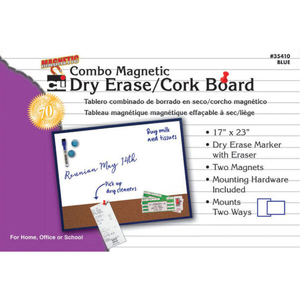 Magnetic Dry Erase Board with Cork Board, 17" x 23", w-Eraser-Marker and 2 Magnets, Blue Frame, 1 Each