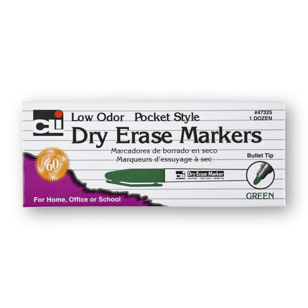 Dry Erase Markers, Low Odor, Pocket Style, Bullet Tip, Green, 12 Per Box, 3 Boxes