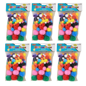 Pom-Poms, Assorted Sizes-Colors, 100 Per Bag, 6 Bags