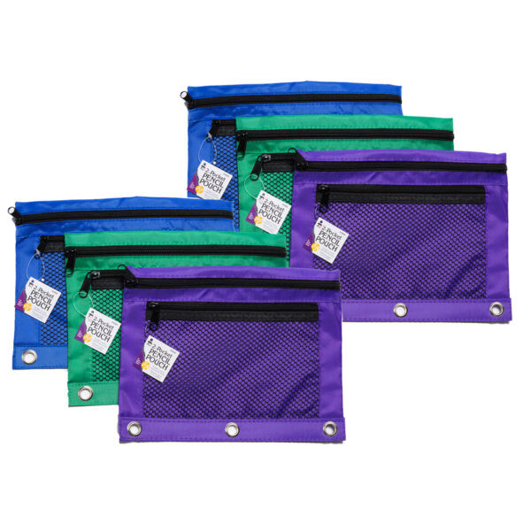 Pencil Pouch, 2 Pocket with Mesh Front, 3 Assorted Colors, Pack of 6