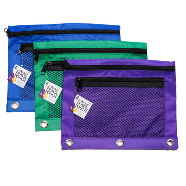 Pencil Pouch, 2 Pocket with Mesh Front, 3 Assorted Colors, Pack of 6