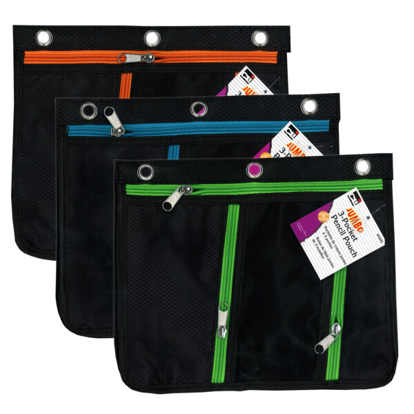 3 Pocket Pencil Pouch, Expanding to 1", 11"W x 9.5"H x 1"D - Assorted Colors, Pack of 3