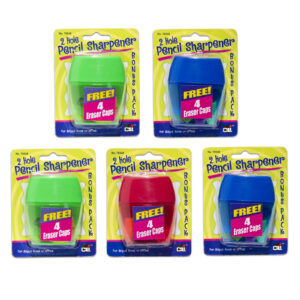 Two-Hole Pencil Sharpener w-Catcher, Bonus Erasers, Assorted Colors, Set of 12