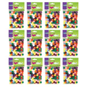 Pom Pons, Bright Hues Assortment, 0.5", 100 Pieces Per Pack, 12 Packs