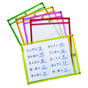 Dry Erase Pockets, 5 Assorted Neon Colors, 9" x 12", 10 Pockets