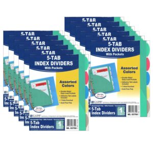 Mini Size 5-Tab Poly Index Dividers, Assorted Colors with Slant Pockets, 12 Sets