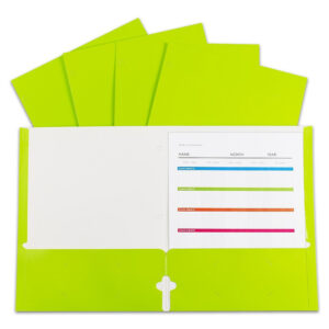 2-Pocket Laminated Paper Portfolios with 3-Hole Punch, Lime Green, Box of 25