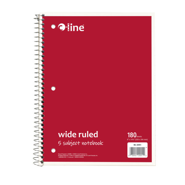 5-Subject Notebook, Wide Ruled, 180 Sheets, Assorted Colors, Pack of 3