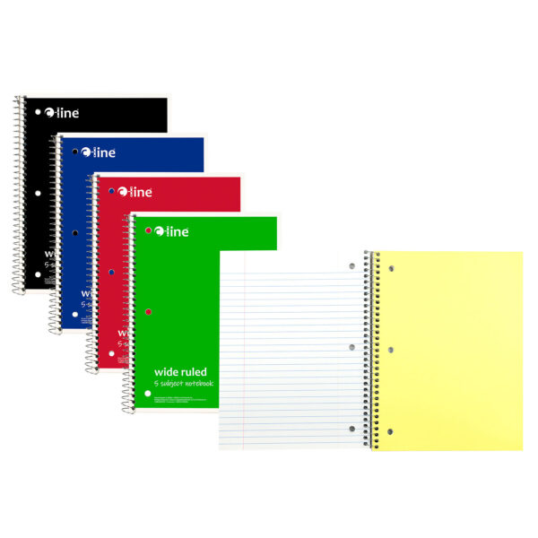 5-Subject Notebook, Wide Ruled, 180 Sheets, Assorted Colors, Pack of 3