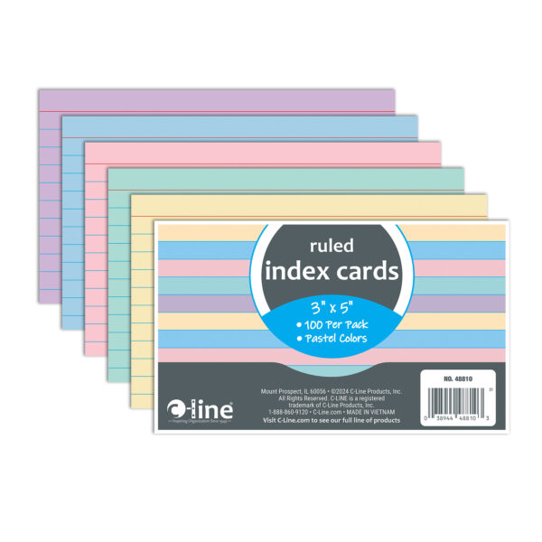 Index Cards, 3" x 5", Assorted Colors, Ruled, 100 Per Pack, 10 Packs