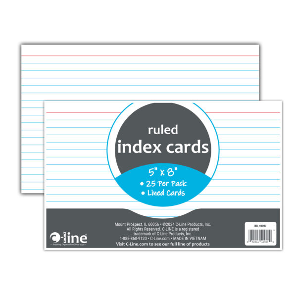 Index Cards, 5" x 8", White, Ruled, 25 Per Pack, 10 Packs