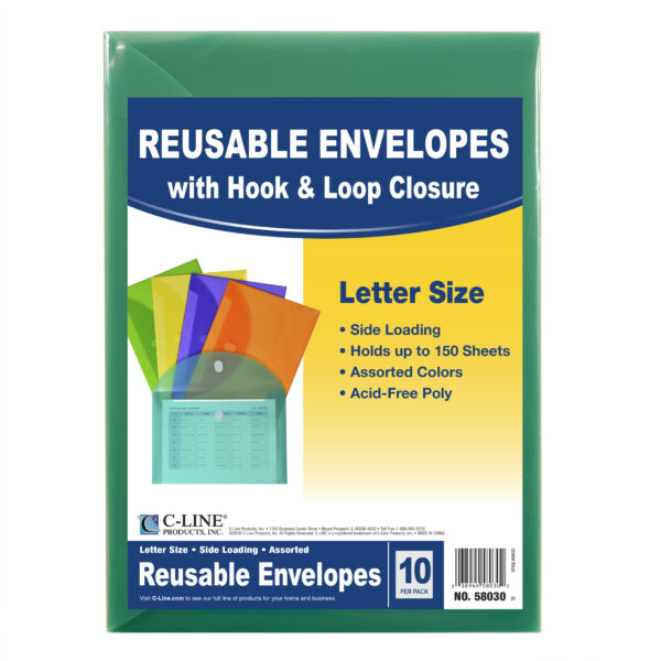 XL Reusable Envelopes, Hook and Loop Closure, 8 1-2 x 11, Assorted Colors, 10 Per Pack, 2 Packs