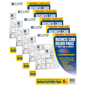 Business Card Holder, Poly with Tabs, Holds 20 Cards-Page, 11" x 8-1-2", 5 Per Pack, 5 Packs