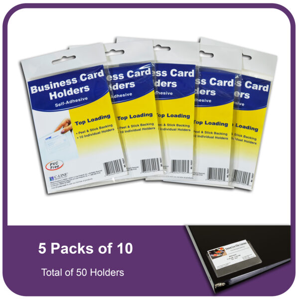 Self-Adhesive Business Card Holder, Top Load, 2" x 3-1-2", 10 Per Pack, 5 Packs