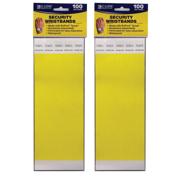 DuPont Tyvek Security Wristbands, Yellow, 100 Per Pack, 2 Packs