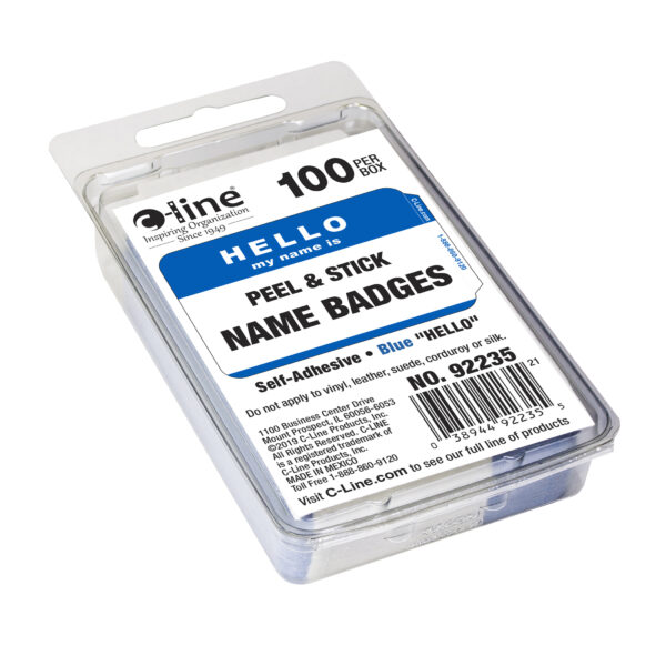 Pressure Sensitive Badges, Hello my name is, Blue, 3-1-2" x 2-1-4", 100 Per Pack, 5 Packs