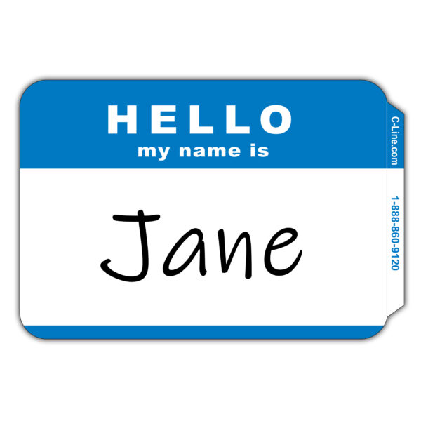 Pressure Sensitive Badges, Hello my name is, Blue, 3-1-2" x 2-1-4", 100 Per Pack, 5 Packs