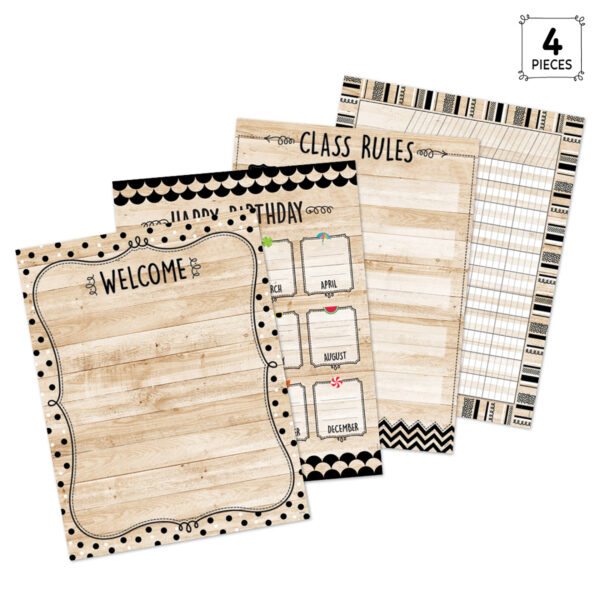 Core Decor Black, White, and Wood Classroom Essentials 4-Chart Pack