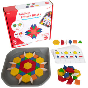 FunPlay Pattern Blocks - Set of 60 Wooden Math Manipulatives + 50 Activities + Messy Tray